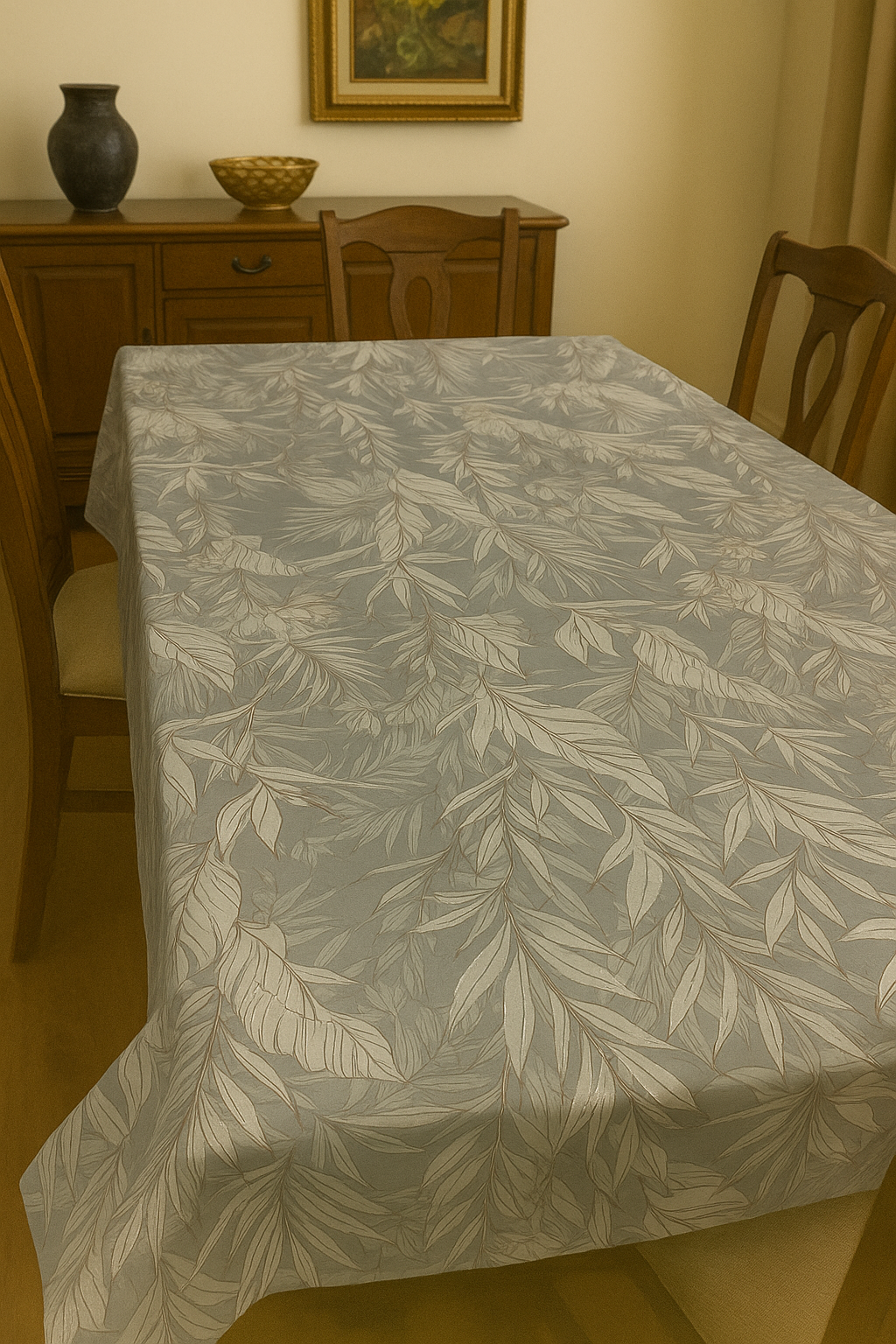 Grey White Outline Leaves Premium Table Cover