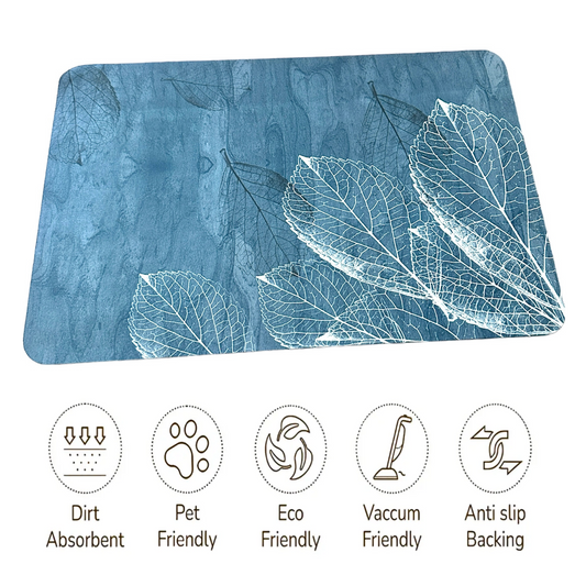 Anti-Slip Quick Drying Bath Mat, Blue Leaf Magic, Absorbent PVC (24”X16”)
