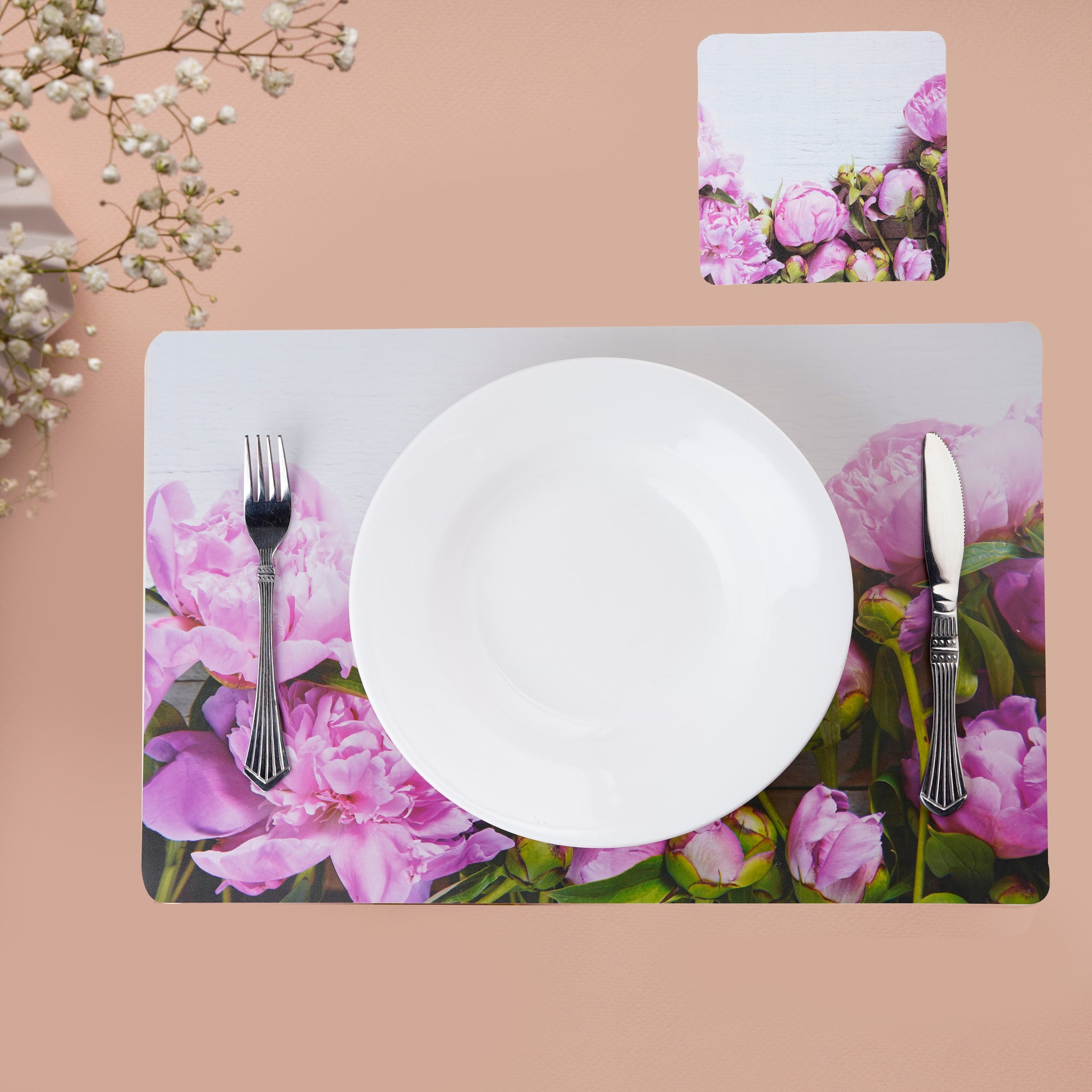 Designer Table Mats Pack of 6 with Coasters, White (Victoria, Pink Flower)
