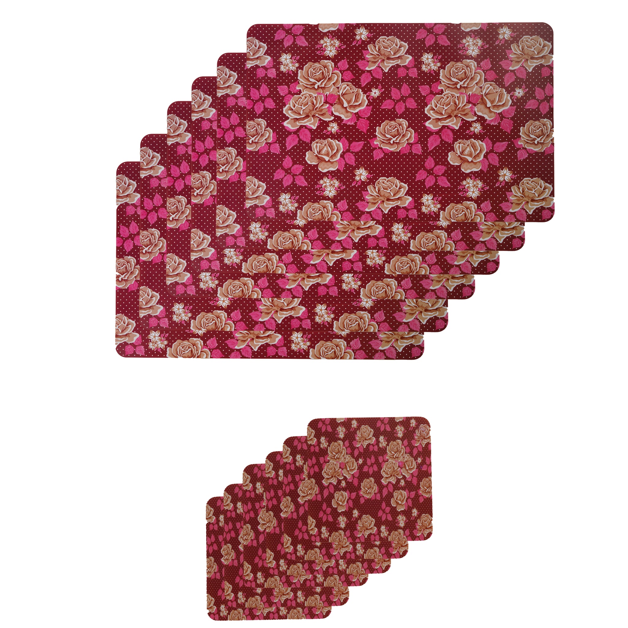 Latest Table Mats Pack of 6 with Coasters, Pink (TORO, Printed Rose)
