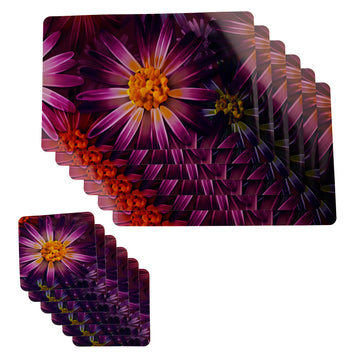 Stylish Table Mats Pack of 6 with Coasters, Purple (GF, Purple Flower)