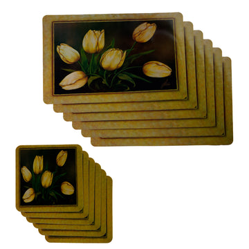 Stylish Table Mats Pack of 6 with Coasters, Black (GF, Gold Tulip)