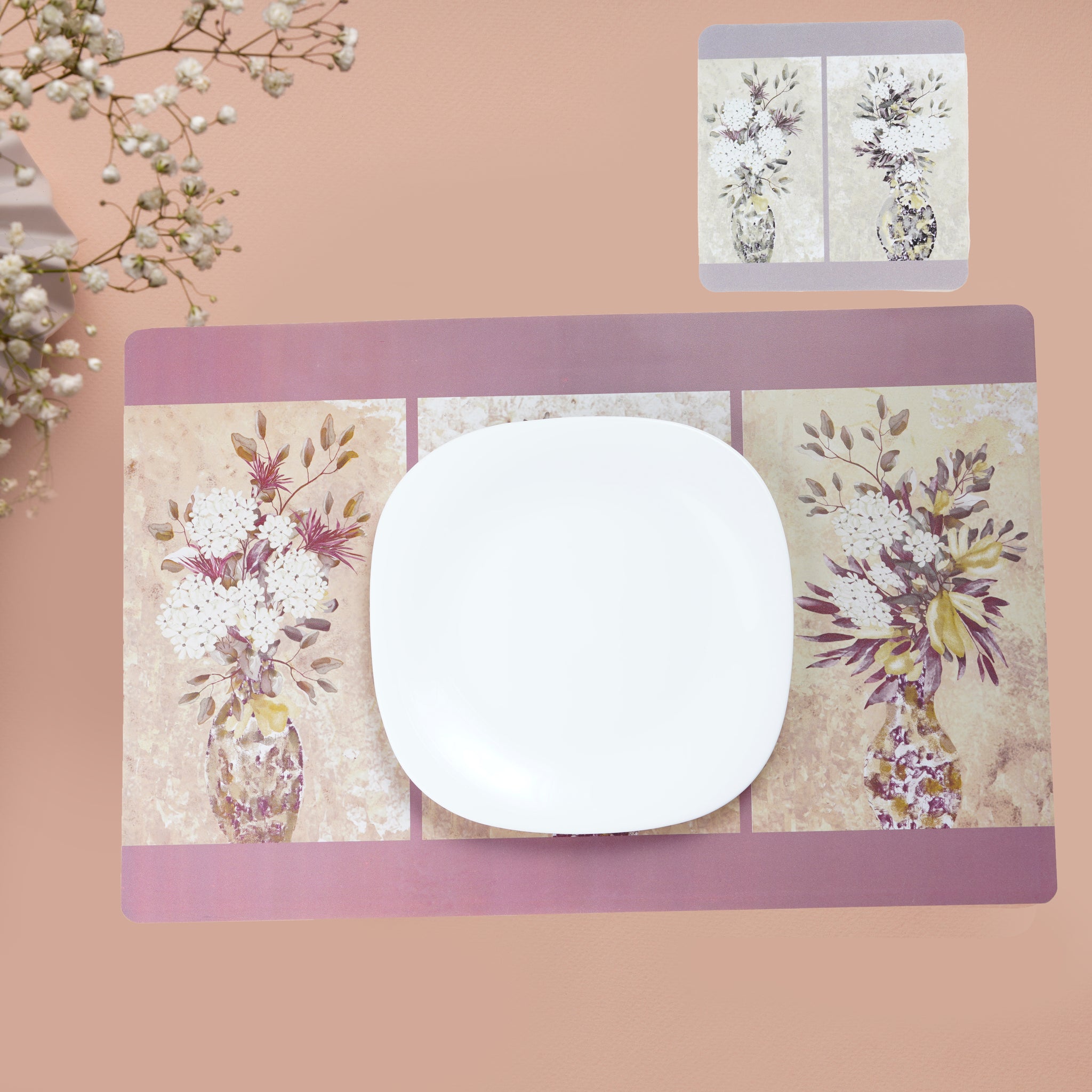 Designer Table Mats Pack of 6 with Coasters, Aesthetic (Victoria, Flower Vass)