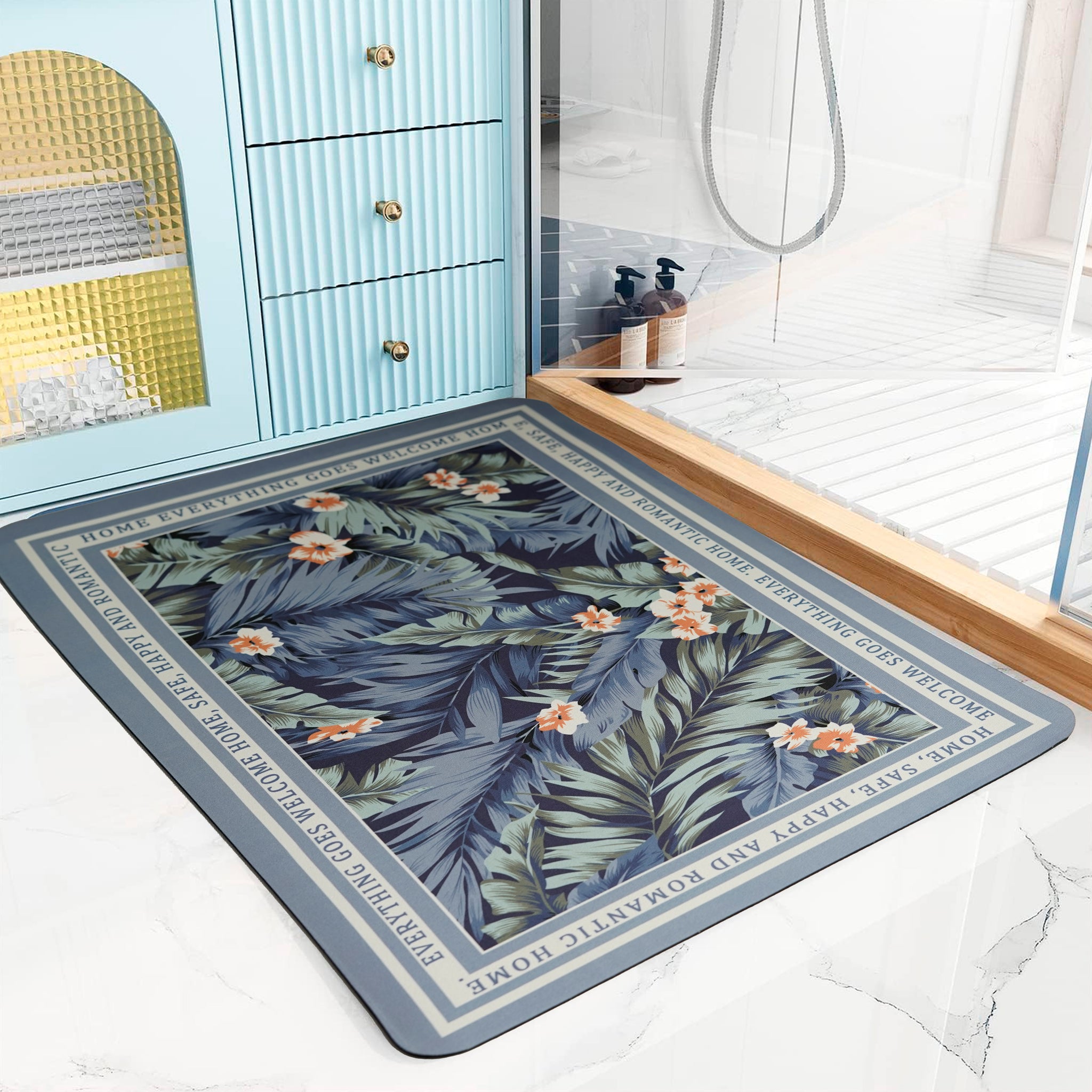 Anti-Slip Quick Drying Bath Mat, Blue Floral, Absorbent PVC (24”X16”)