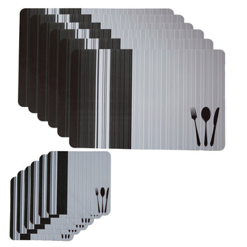 Simple Designer Table Mats Pack of 6 with Coasters, Black & Grey (TORO, Black Cutlery)