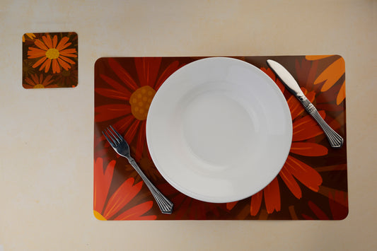 Stylish Table Mats Pack of 6 with Coasters, Maroon (GF, Large Sun Flower)