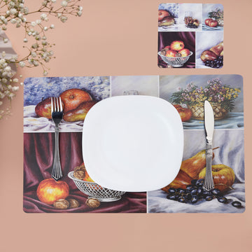 Designer Table Mats Pack of 6 with Coasters, Grey (Victoria, Apple Bowl)