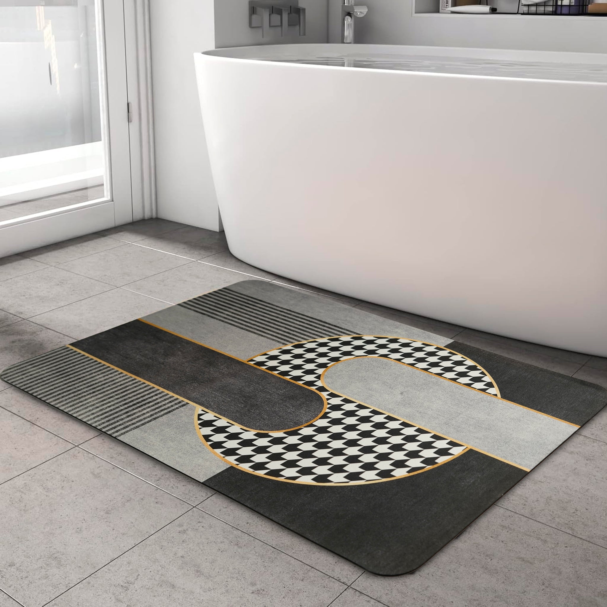 Anti-Slip Quick Drying Bath Mat, Fancy Black, Absorbent PVC (24”X16”)