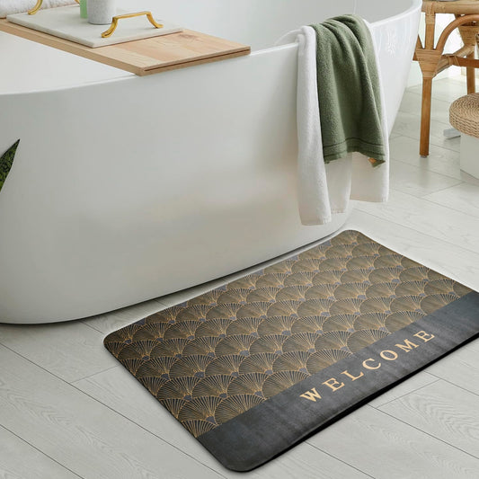 Anti-Slip Quick Drying Bath Mat, Welcome Leaf, Absorbent PVC (24”X16”)