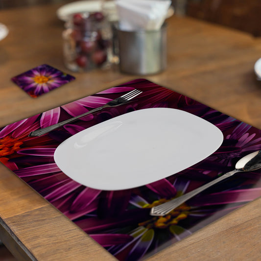 Stylish Table Mats Pack of 6 with Coasters, Purple (GF, Purple Flower)