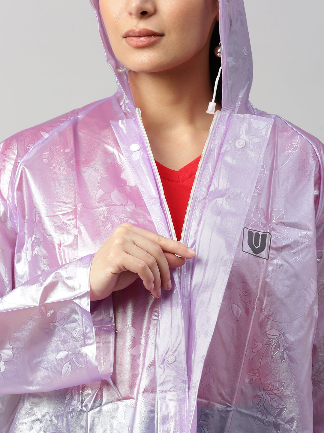 Women's Floral Printed PVC Waterproof Petals Adjustable Hooded & Zipper Raincoat