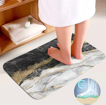 Anti-Slip Quick Drying Bath Mat, Black And White Marble Effect, Absorbent PVC (24”X16”)