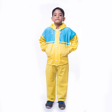 Kids Waterproof Long Sleeves Rainsuit Oxford Raincoat - Yellow & Sea Green