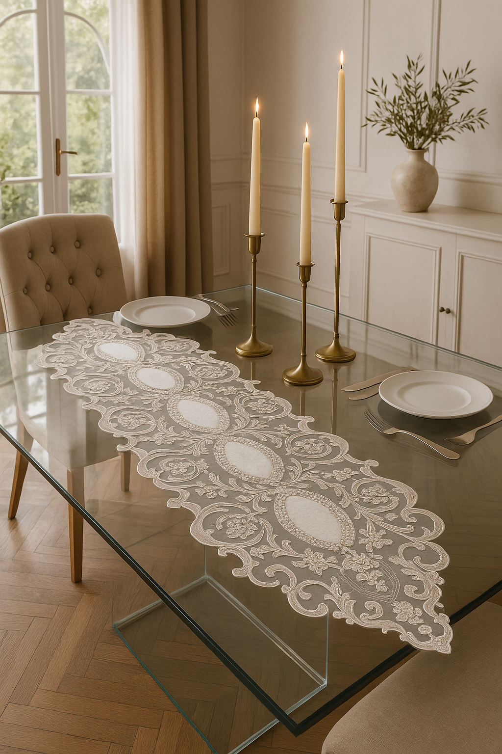 Embroidered table runner displayed on a table in a home setting