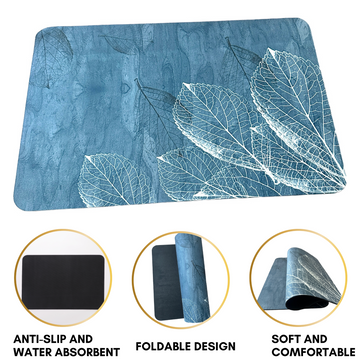 Anti-Slip Quick Drying Bath Mat, Blue Leaf Magic, Absorbent PVC (24”X16”)