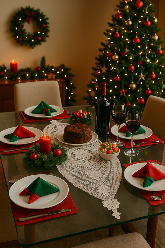 Grey decorative table runner styled for festive dining