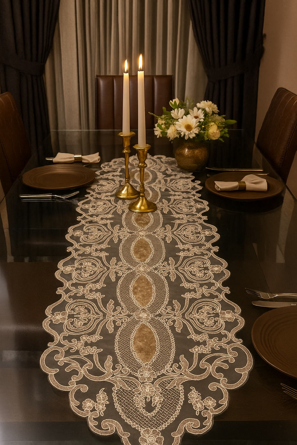 Premium embroidered table runner styled on an elegant dining table