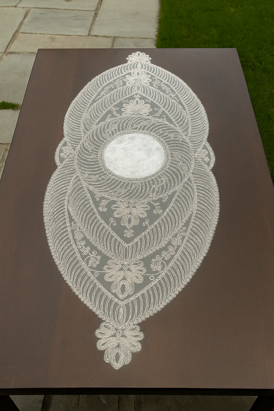Premium grey curve table runner with intricate lace detailing