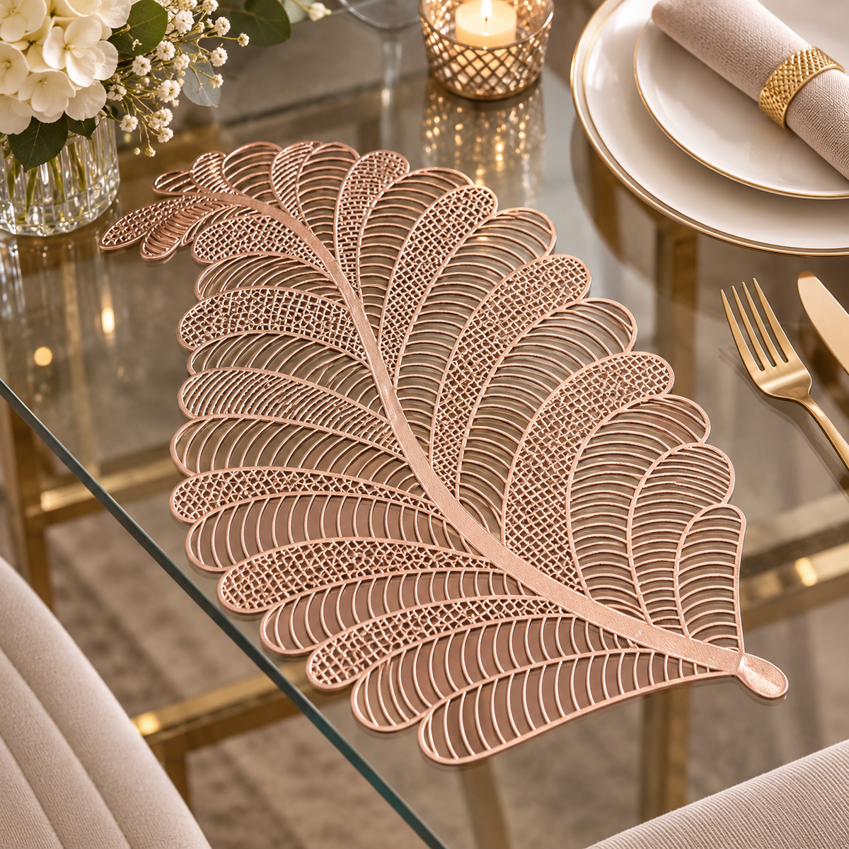 Rose gold metallic table mat with swirl leaf design