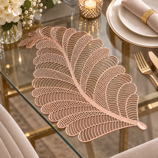 Rose gold metallic table mat with swirl leaf design