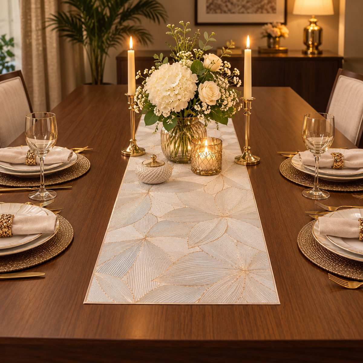 Elegant floral metallic table runner with dining table décor