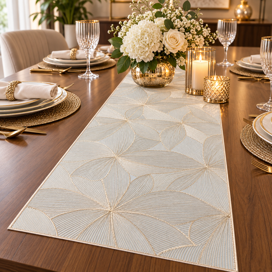 Close up of floral metallic table runner design