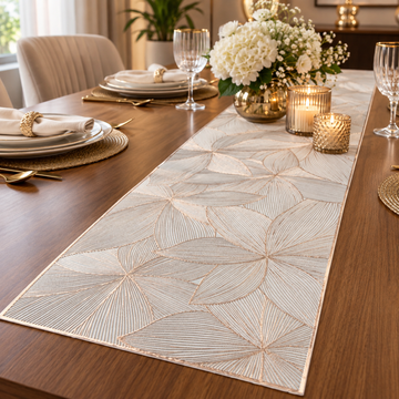 Floral metallic table runner styled on dining table