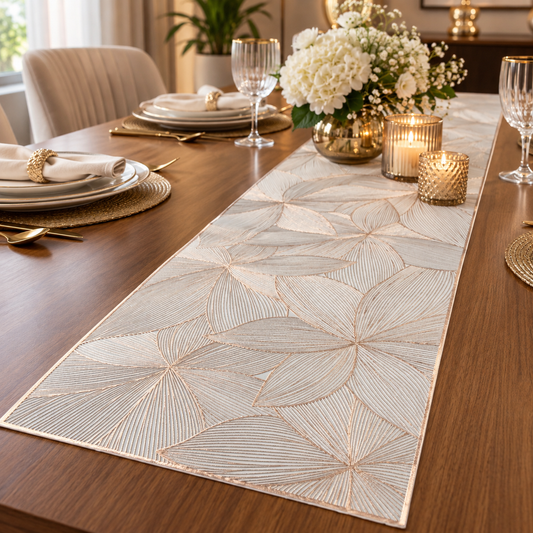 Floral metallic table runner styled on dining table