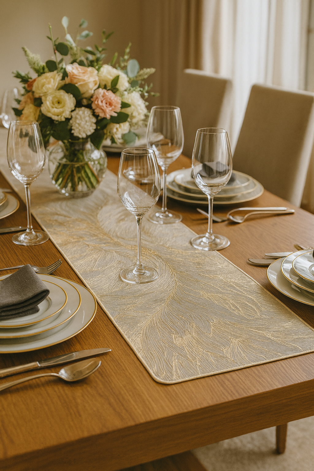 Close-up of milky table runner design
