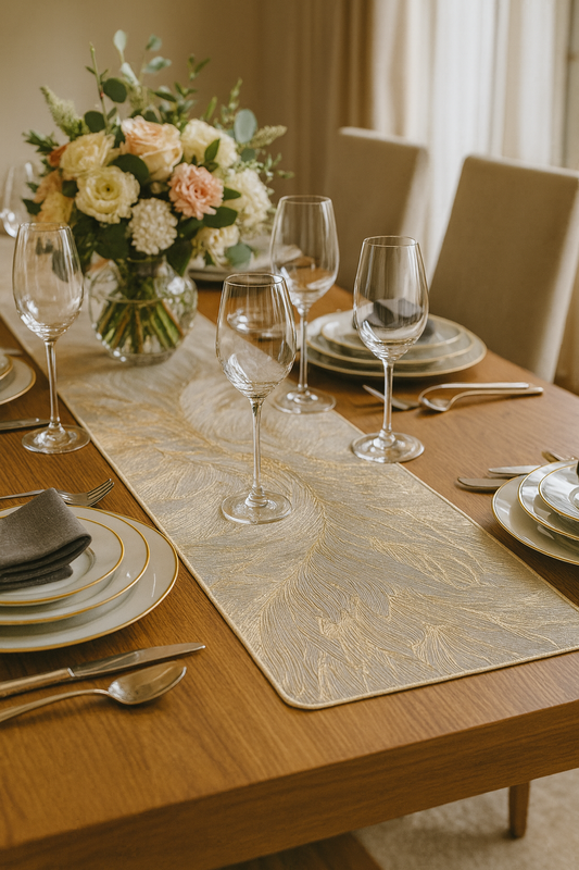 Close-up of milky table runner design