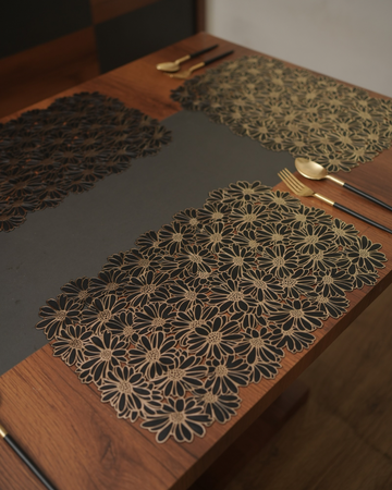 Dark metallic sunflower floral table mat on dining table