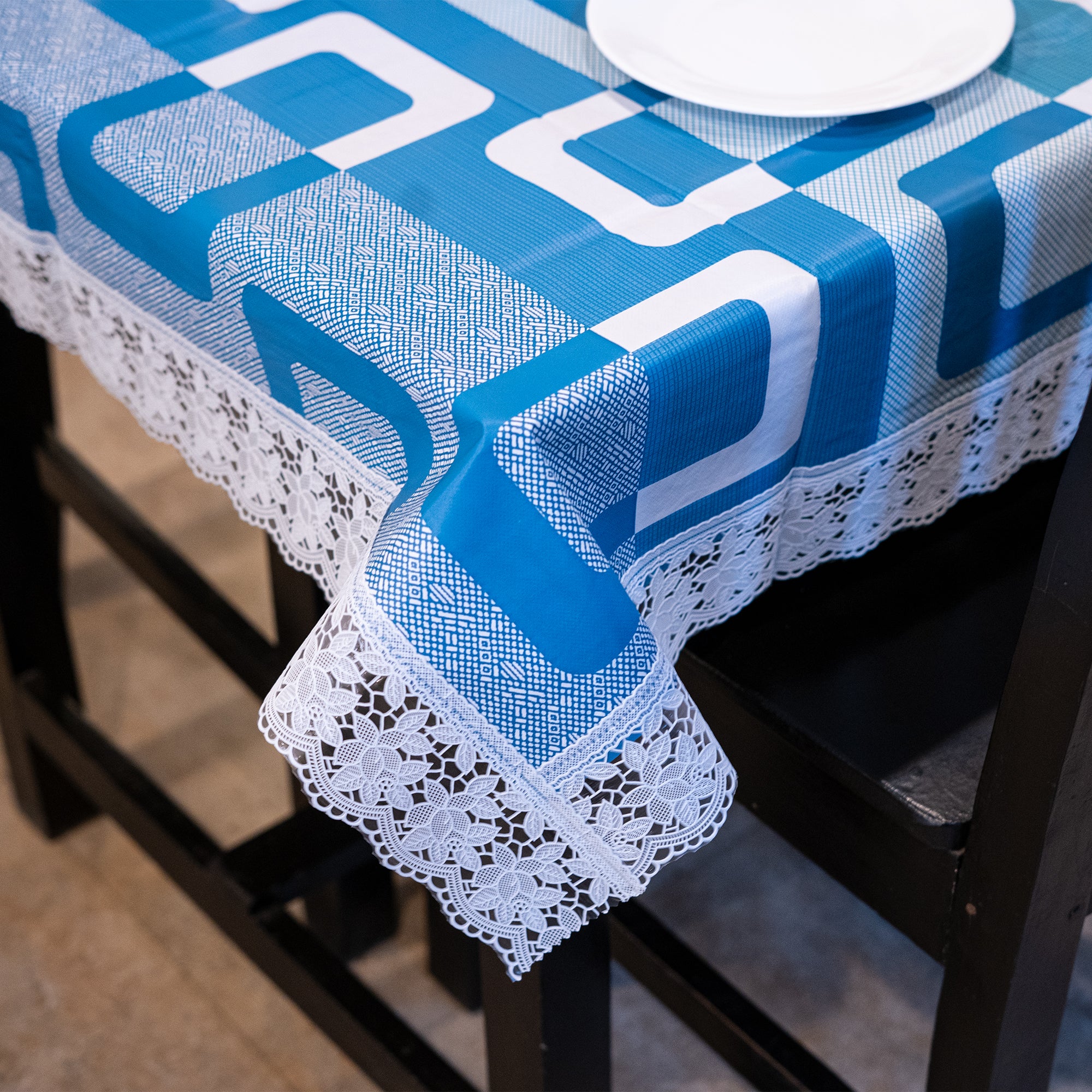 Luxury Furnishings Fancy Table Cover Blue Box Design Blue & White